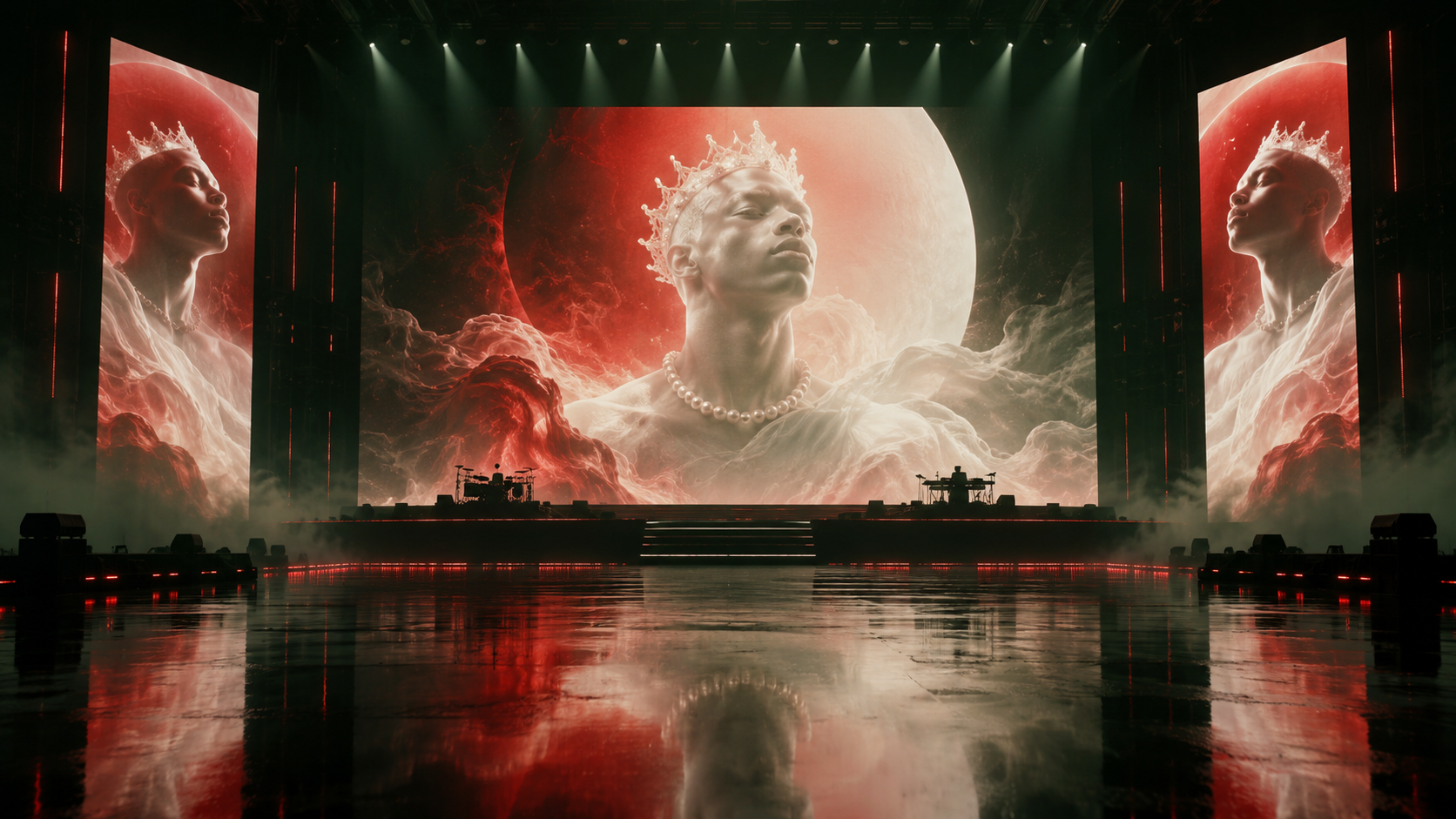Wide concert stage concept with a central LED wall, side screens and Catir3 imagery.